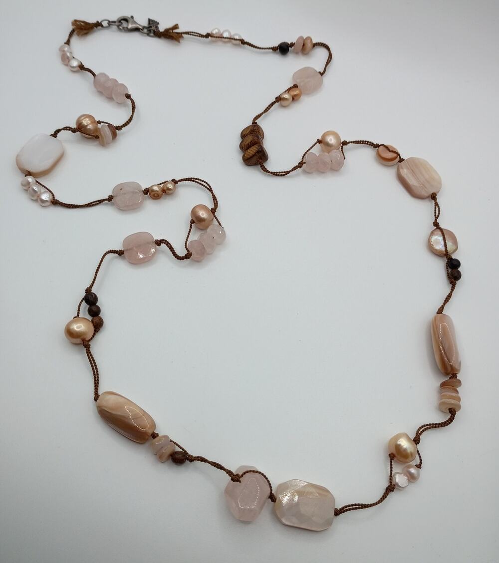 Artisan Rose Quartz Pearl Mother of Pearl Hand Knotted Necklace 925 Sterling
